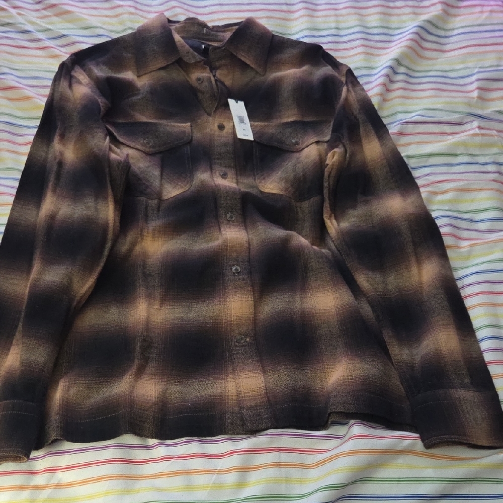 New With Tags Banana Republic Flannel Brown Plaid Casual Button Down Shirt